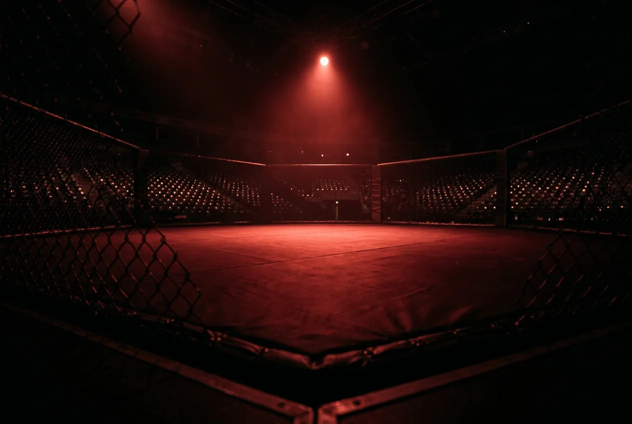 UFC-oktagonin häkki yöllä punaisessa valossa